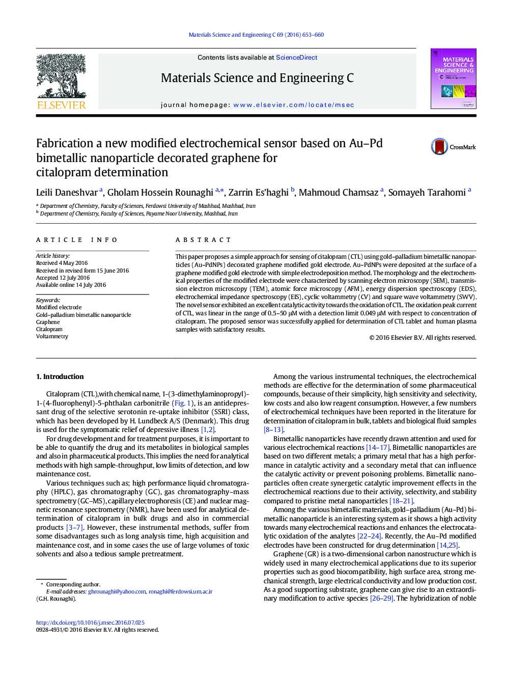 Fabrication a new modified electrochemical sensor based on Au–Pd bimetallic nanoparticle decorated graphene for citalopram determination