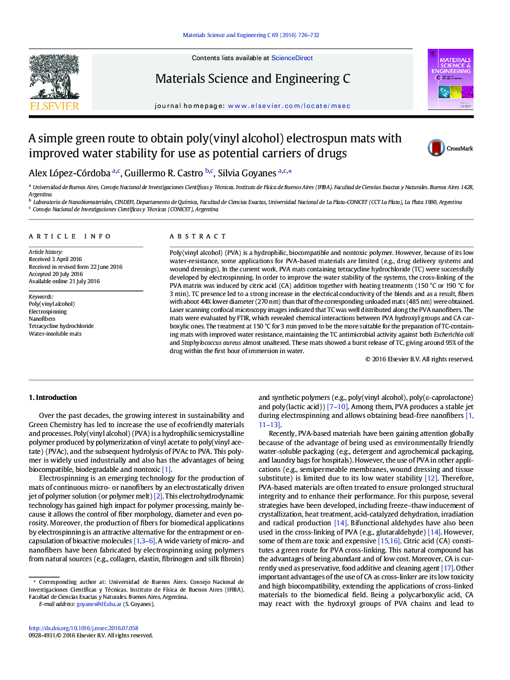 A simple green route to obtain poly(vinyl alcohol) electrospun mats with improved water stability for use as potential carriers of drugs