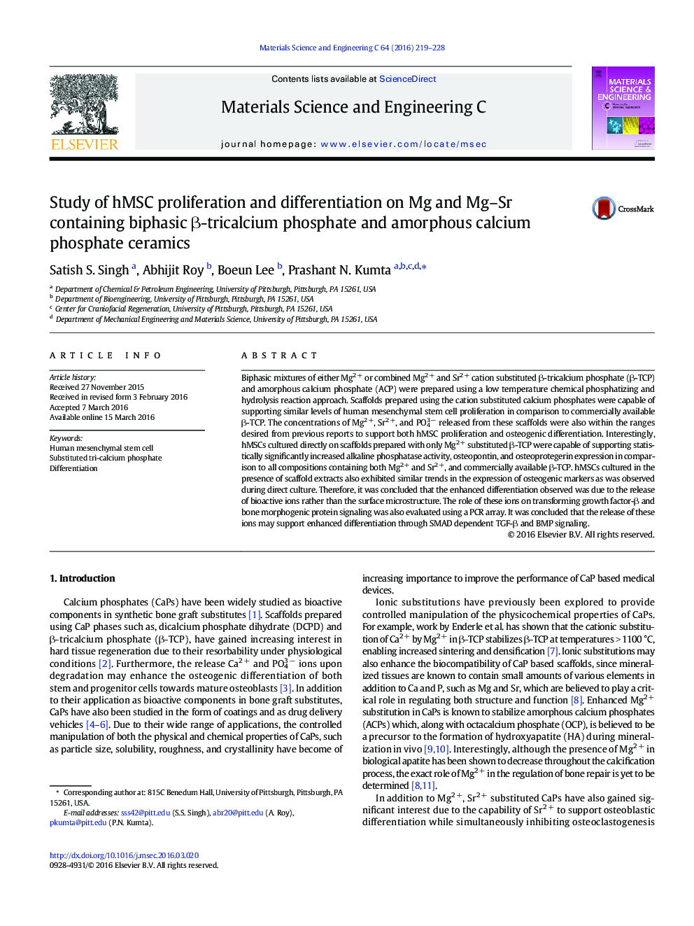 Study of hMSC proliferation and differentiation on Mg and Mg–Sr containing biphasic β-tricalcium phosphate and amorphous calcium phosphate ceramics