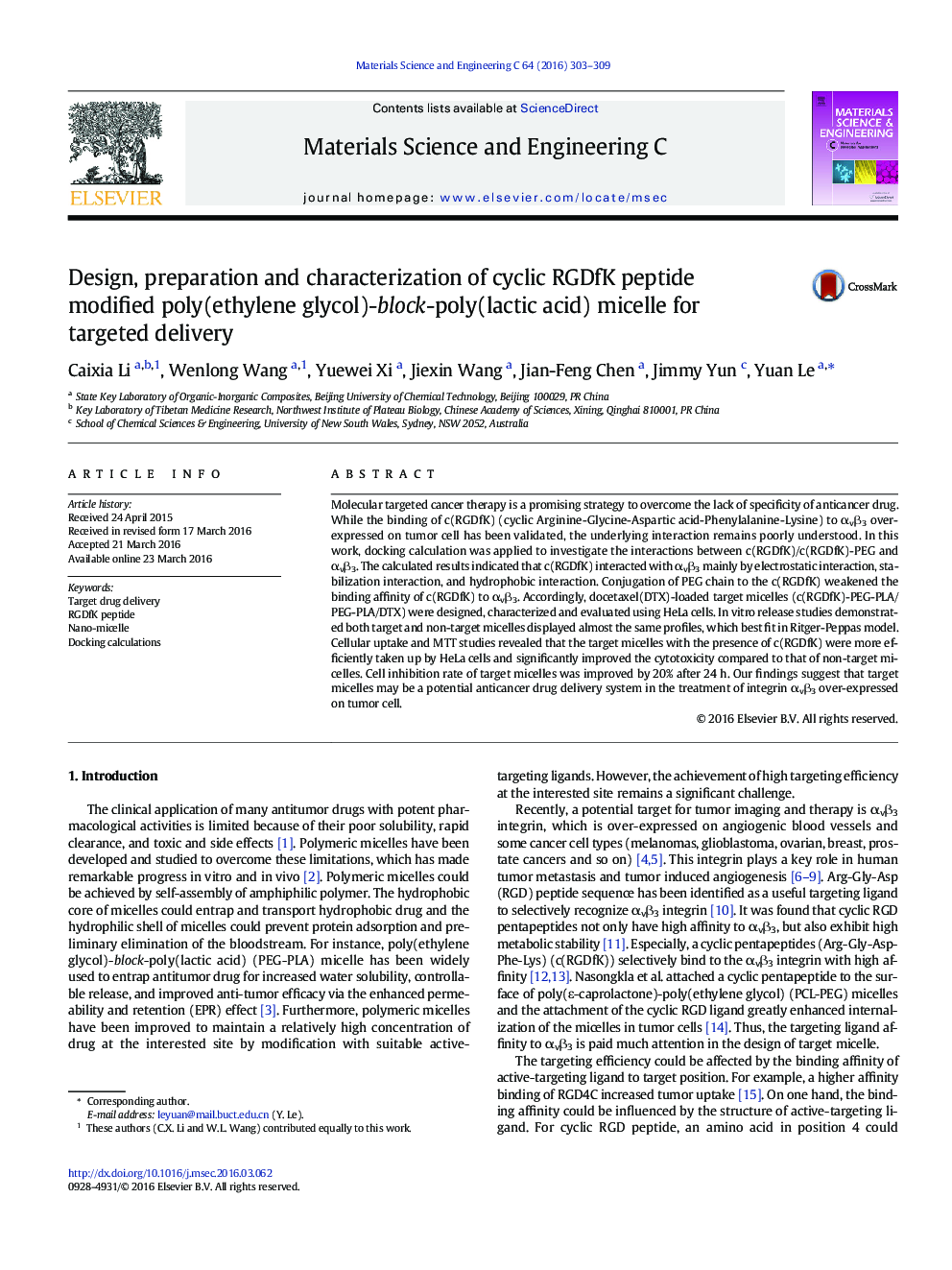 Design, preparation and characterization of cyclic RGDfK peptide modified poly(ethylene glycol)-block-poly(lactic acid) micelle for targeted delivery