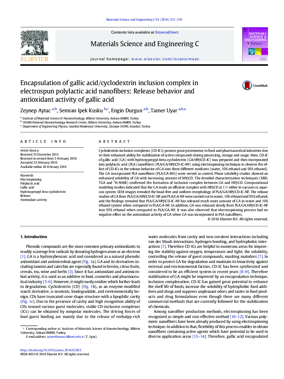 Encapsulation of gallic acid/cyclodextrin inclusion complex in electrospun polylactic acid nanofibers: Release behavior and antioxidant activity of gallic acid