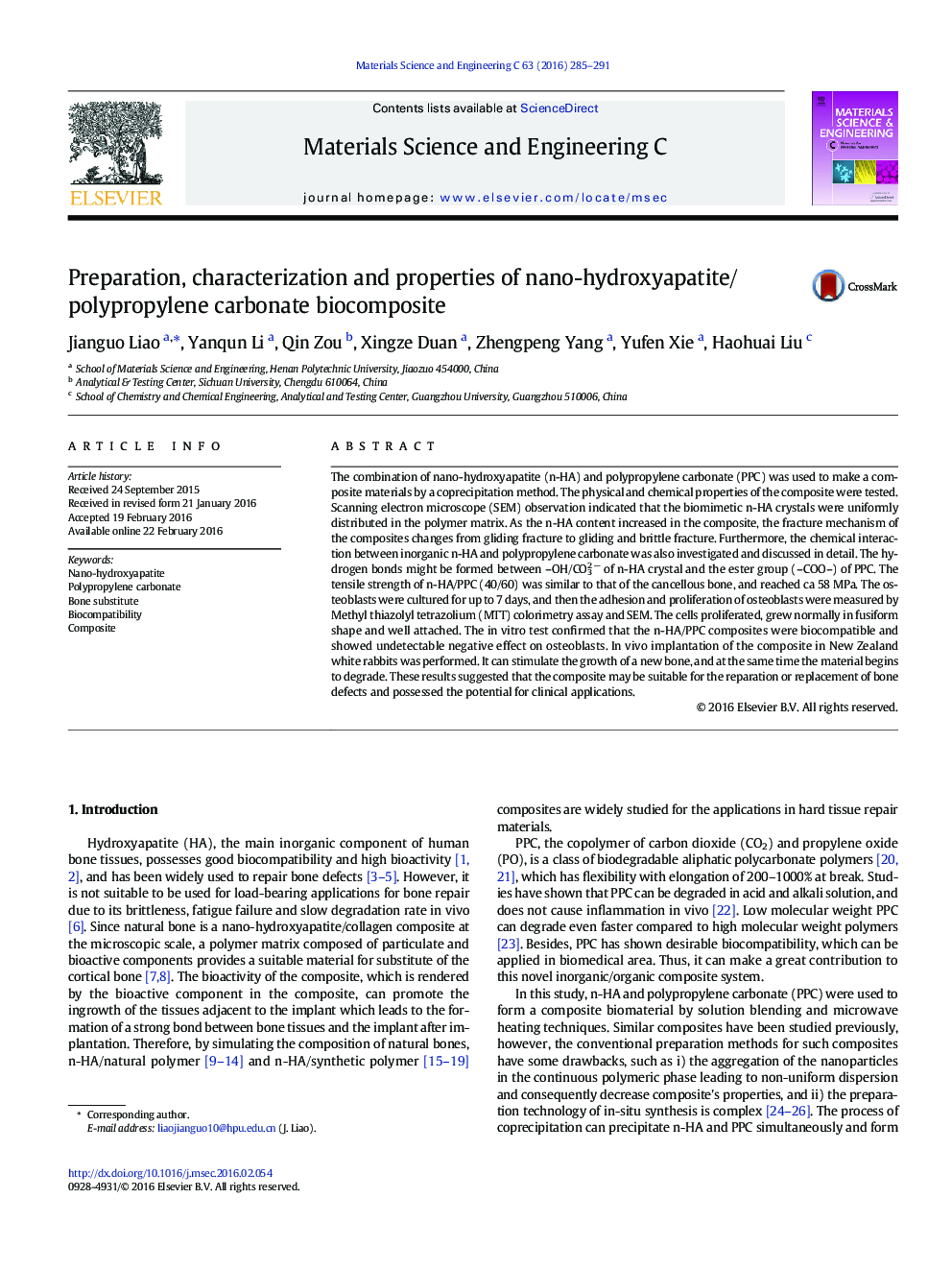 Preparation, characterization and properties of nano-hydroxyapatite/polypropylene carbonate biocomposite