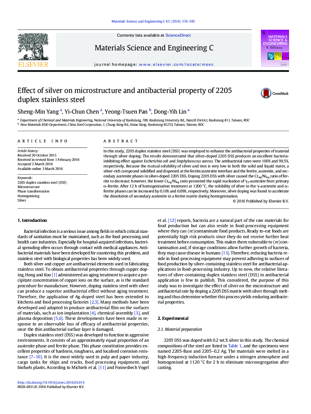 Effect of silver on microstructure and antibacterial property of 2205 duplex stainless steel