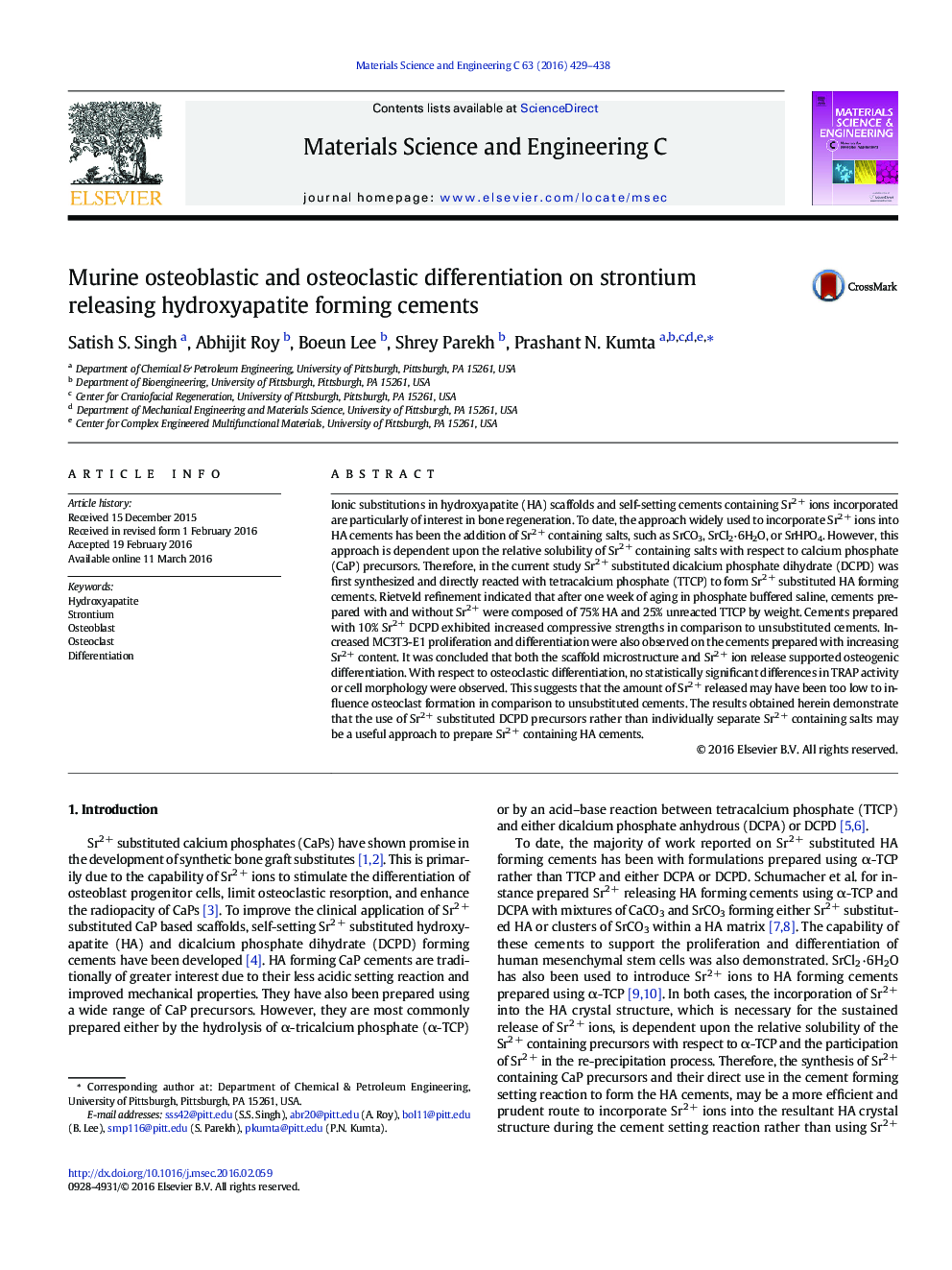 Murine osteoblastic and osteoclastic differentiation on strontium releasing hydroxyapatite forming cements