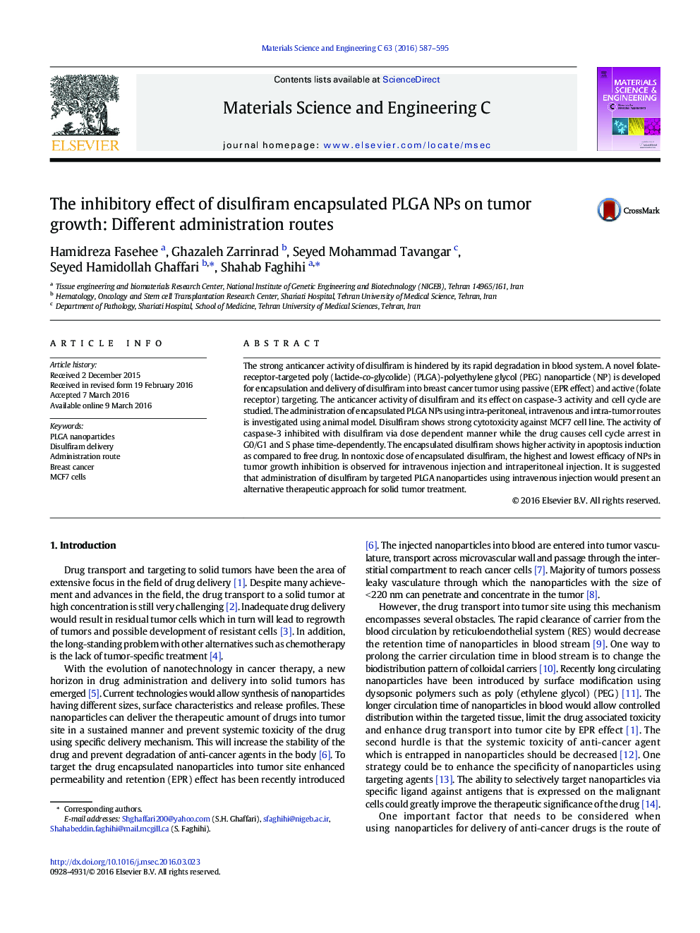 The inhibitory effect of disulfiram encapsulated PLGA NPs on tumor growth: Different administration routes