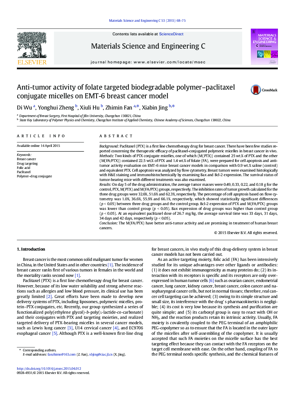 Anti-tumor activity of folate targeted biodegradable polymer–paclitaxel conjugate micelles on EMT-6 breast cancer model