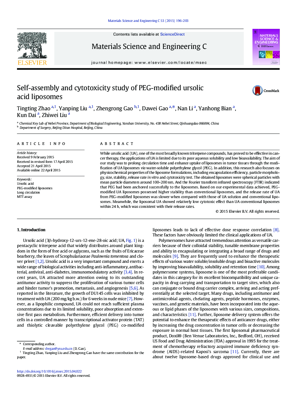 Self-assembly and cytotoxicity study of PEG-modified ursolic acid liposomes