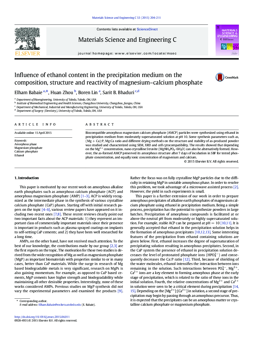 Influence of ethanol content in the precipitation medium on the composition, structure and reactivity of magnesium–calcium phosphate