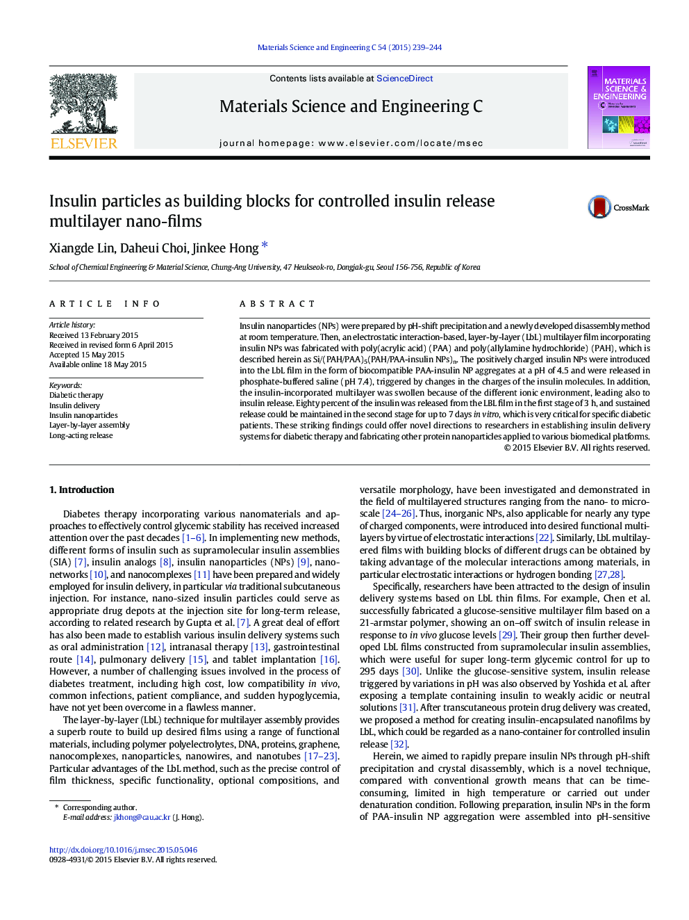 Insulin particles as building blocks for controlled insulin release multilayer nano-films