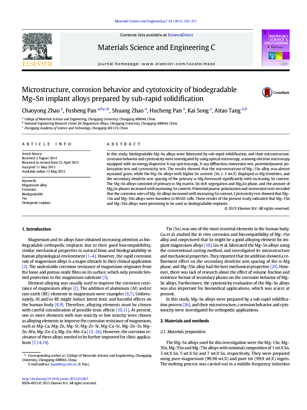 Microstructure, corrosion behavior and cytotoxicity of biodegradable Mg–Sn implant alloys prepared by sub-rapid solidification