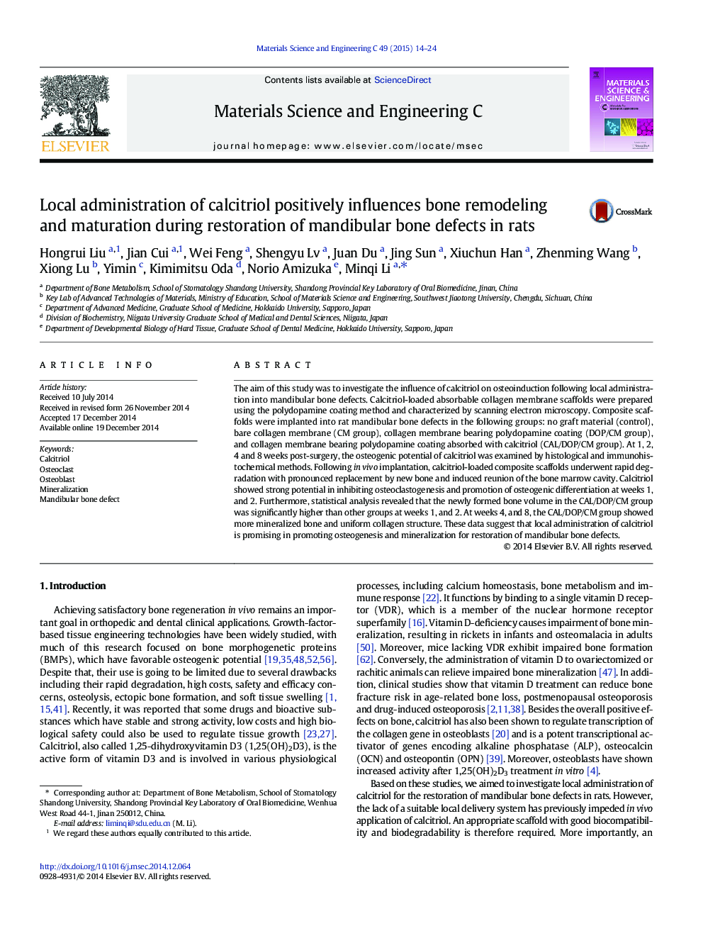 Local administration of calcitriol positively influences bone remodeling and maturation during restoration of mandibular bone defects in rats