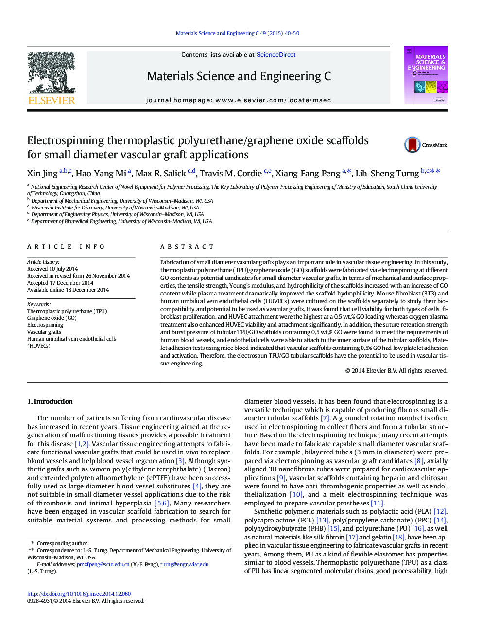 Electrospinning thermoplastic polyurethane/graphene oxide scaffolds for small diameter vascular graft applications