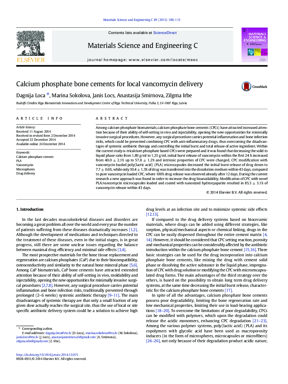 Calcium phosphate bone cements for local vancomycin delivery