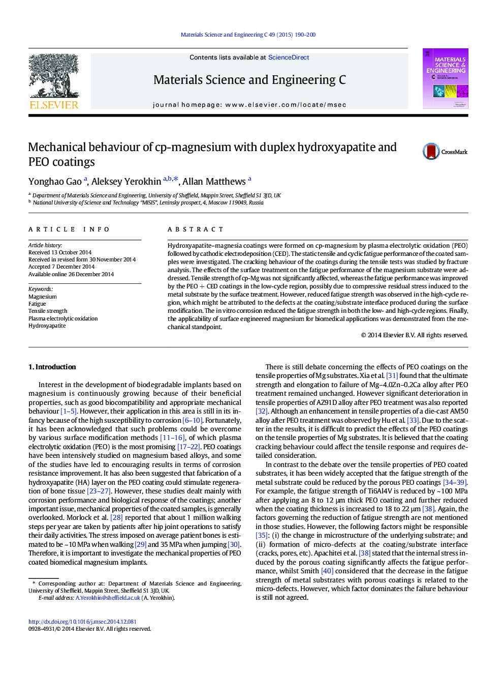 Mechanical behaviour of cp-magnesium with duplex hydroxyapatite and PEO coatings