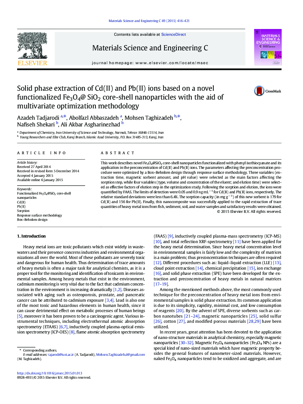 Solid phase extraction of Cd(II) and Pb(II) ions based on a novel functionalized Fe3O4@ SiO2 core-shell nanoparticles with the aid of multivariate optimization methodology