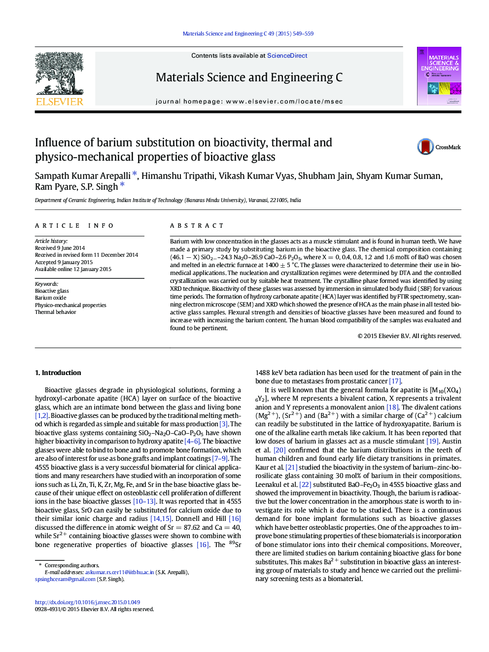 Influence of barium substitution on bioactivity, thermal and physico-mechanical properties of bioactive glass