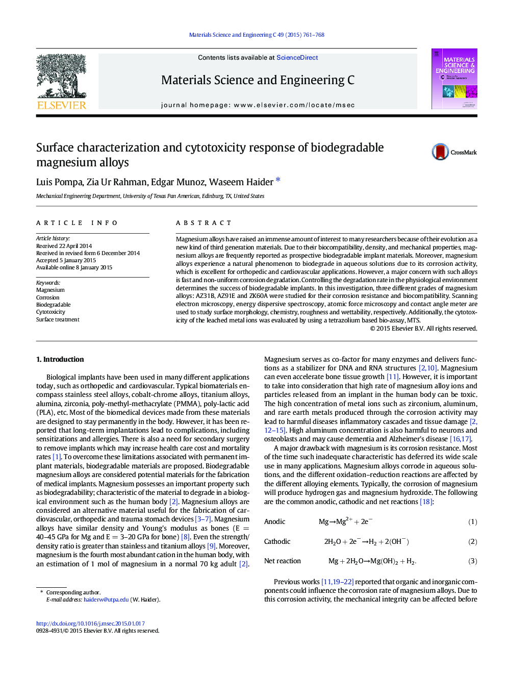 Surface characterization and cytotoxicity response of biodegradable magnesium alloys