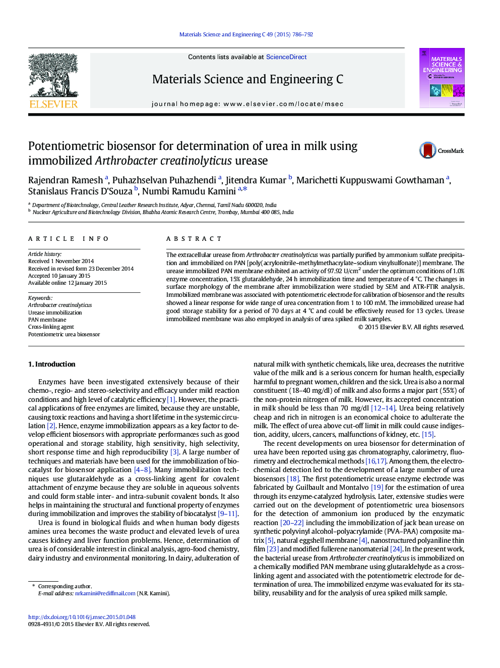 Potentiometric biosensor for determination of urea in milk using immobilized Arthrobacter creatinolyticus urease