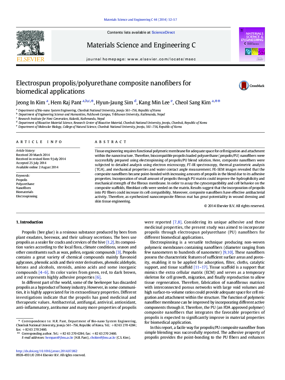 Electrospun propolis/polyurethane composite nanofibers for biomedical applications