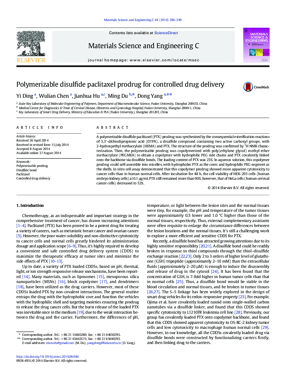 Polymerizable disulfide paclitaxel prodrug for controlled drug delivery