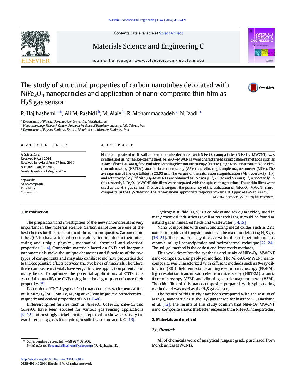 The study of structural properties of carbon nanotubes decorated with NiFe2O4 nanoparticles and application of nano-composite thin film as H2S gas sensor