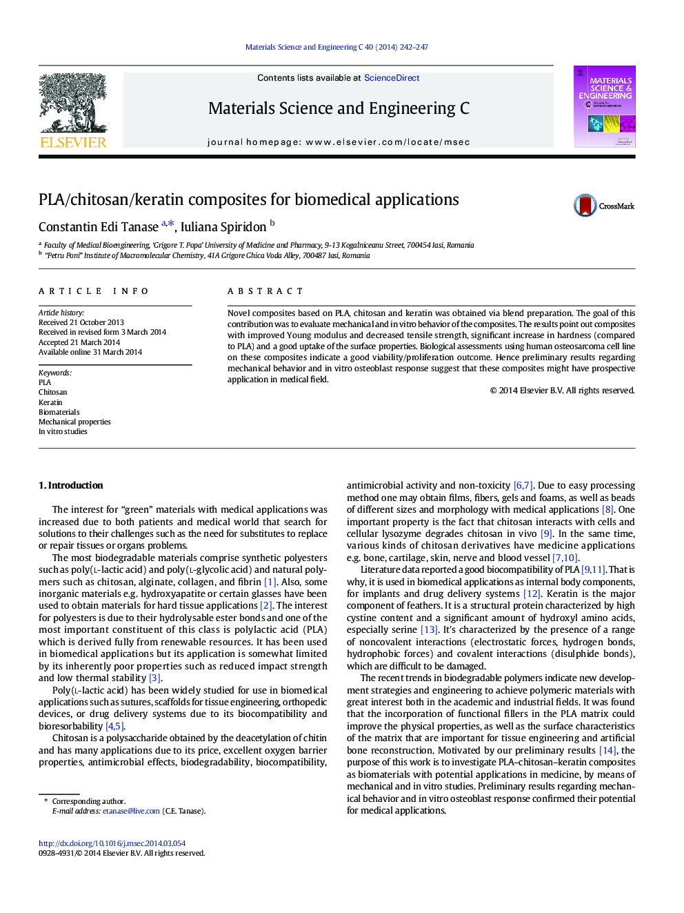 PLA/chitosan/keratin composites for biomedical applications