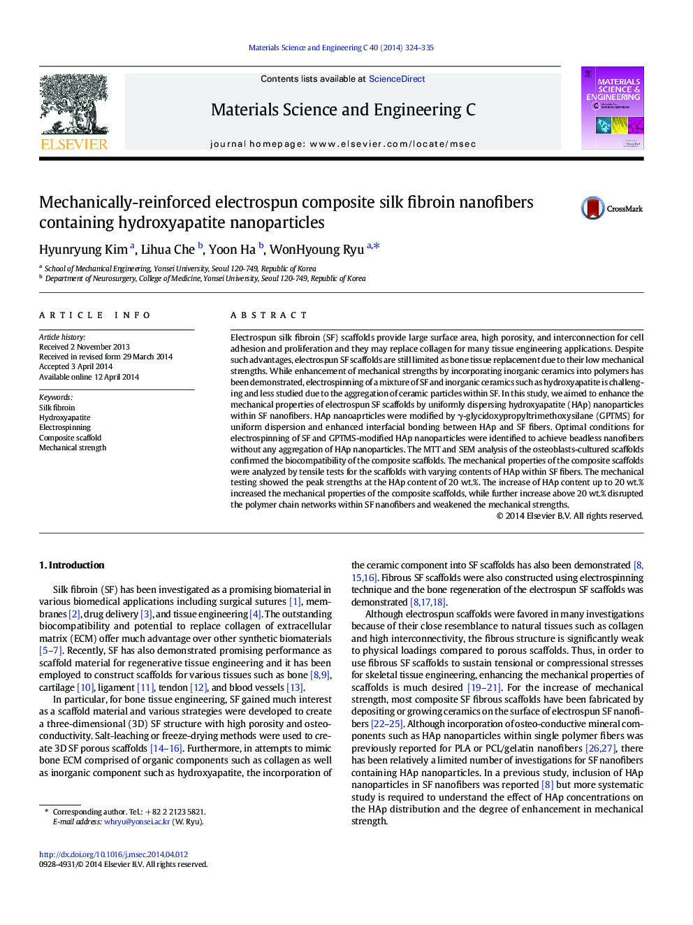 Mechanically-reinforced electrospun composite silk fibroin nanofibers containing hydroxyapatite nanoparticles