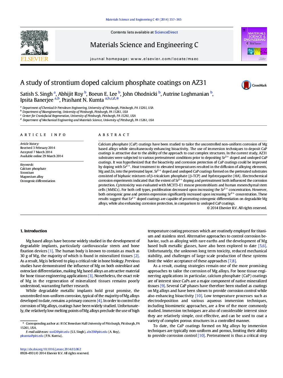 A study of strontium doped calcium phosphate coatings on AZ31