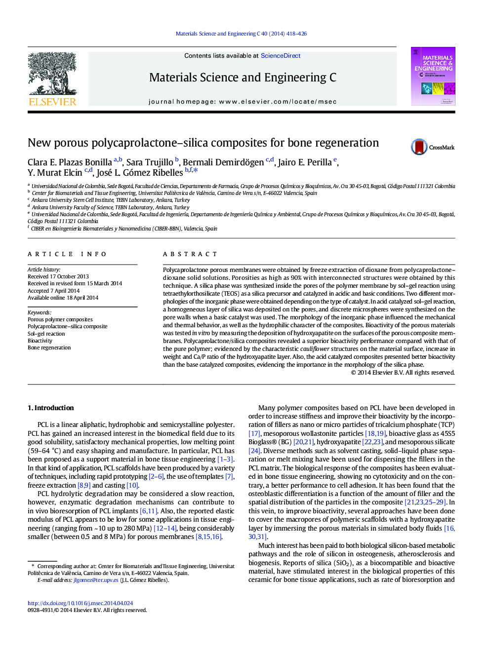 New porous polycaprolactone–silica composites for bone regeneration