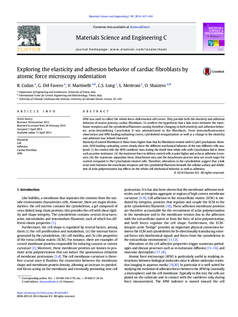 Exploring the elasticity and adhesion behavior of cardiac fibroblasts by atomic force microscopy indentation