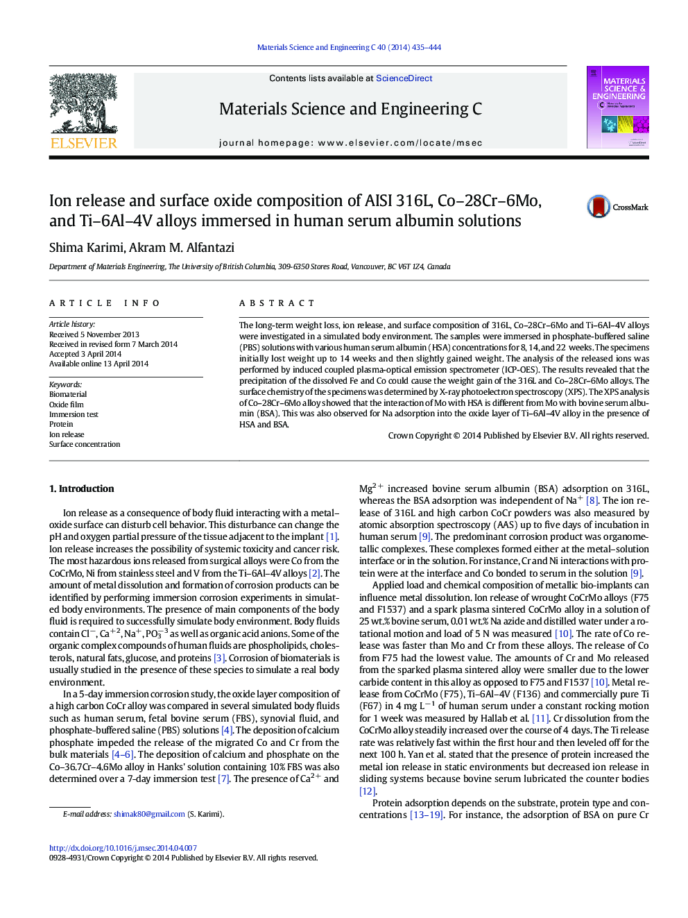 Ion release and surface oxide composition of AISI 316L, Co–28Cr–6Mo, and Ti–6Al–4V alloys immersed in human serum albumin solutions