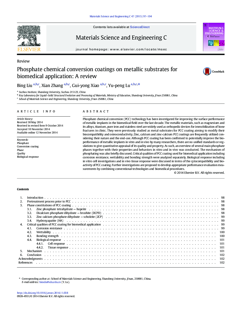 Phosphate chemical conversion coatings on metallic substrates for biomedical application: A review