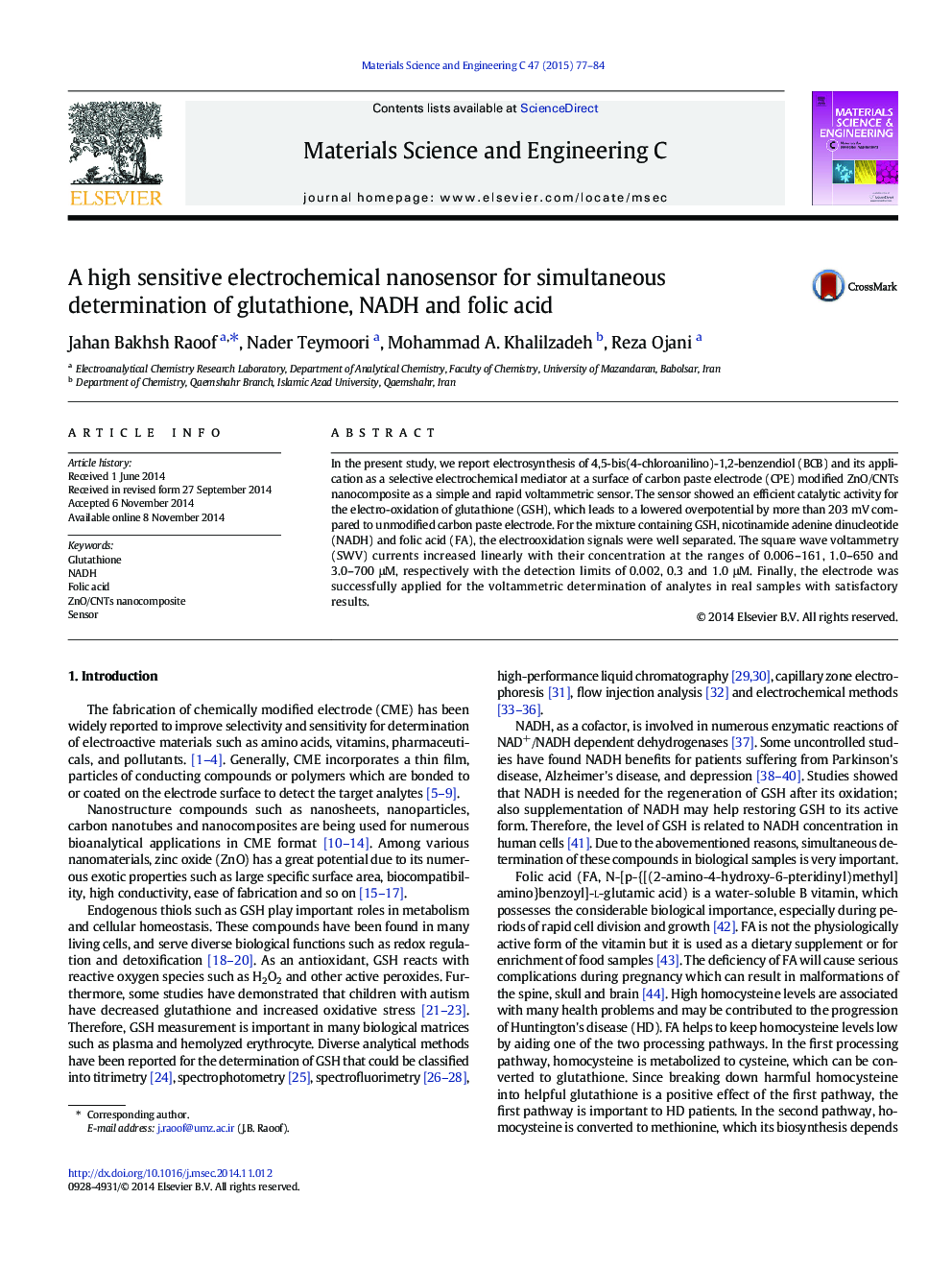 A high sensitive electrochemical nanosensor for simultaneous determination of glutathione, NADH and folic acid