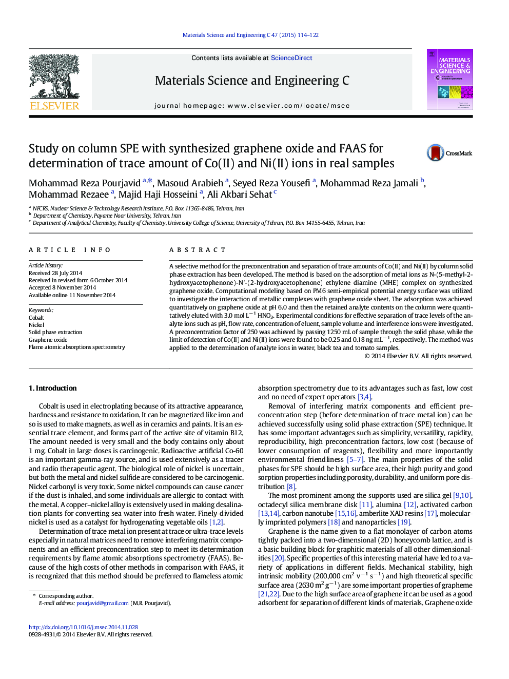 Study on column SPE with synthesized graphene oxide and FAAS for determination of trace amount of Co(II) and Ni(II) ions in real samples