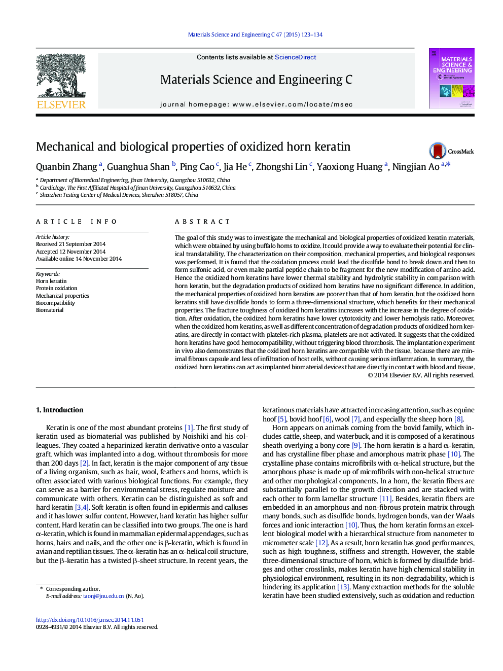 Mechanical and biological properties of oxidized horn keratin