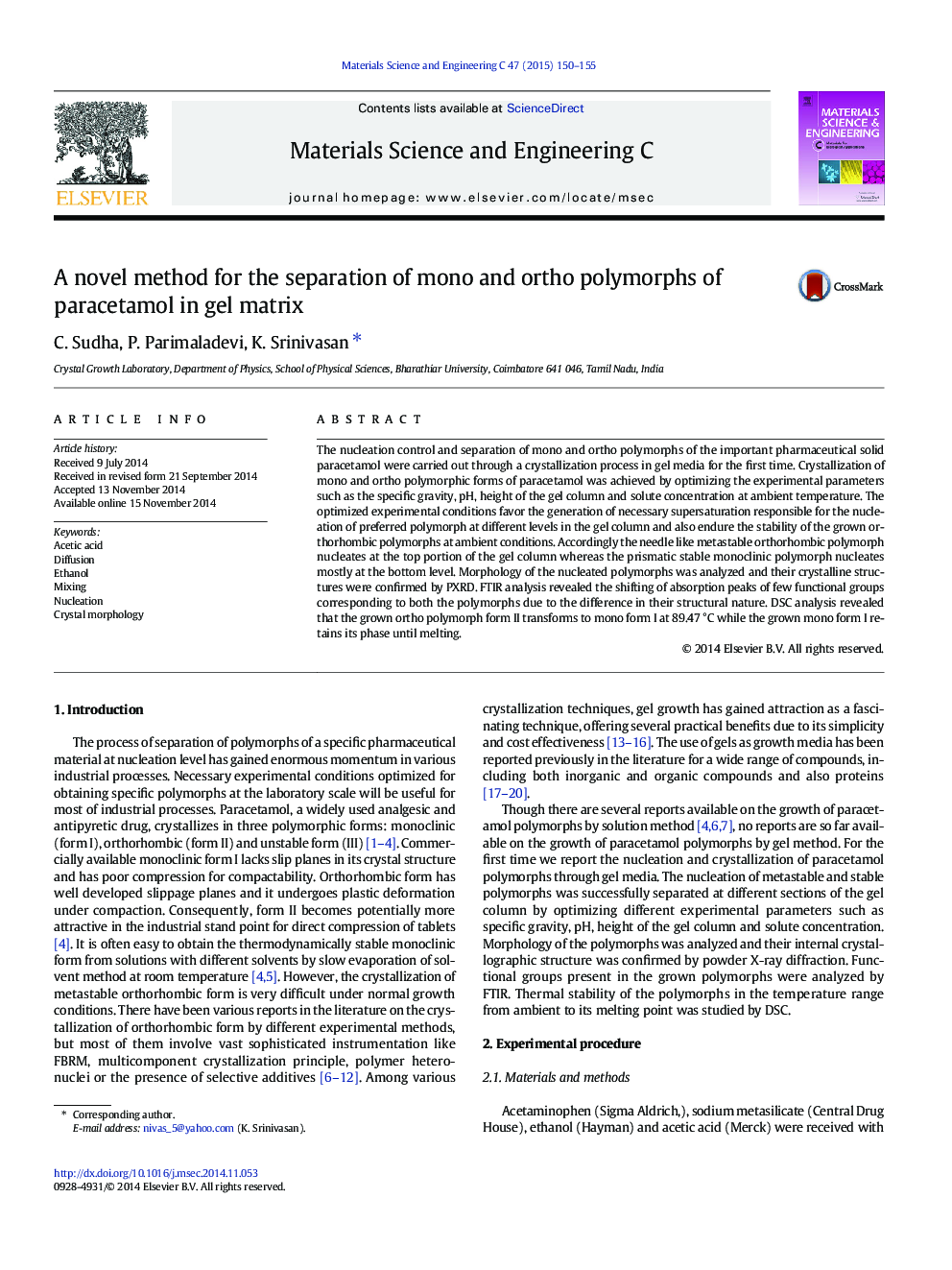 A novel method for the separation of mono and ortho polymorphs of paracetamol in gel matrix