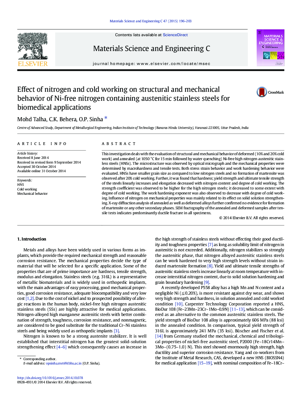 Effect of nitrogen and cold working on structural and mechanical behavior of Ni-free nitrogen containing austenitic stainless steels for biomedical applications