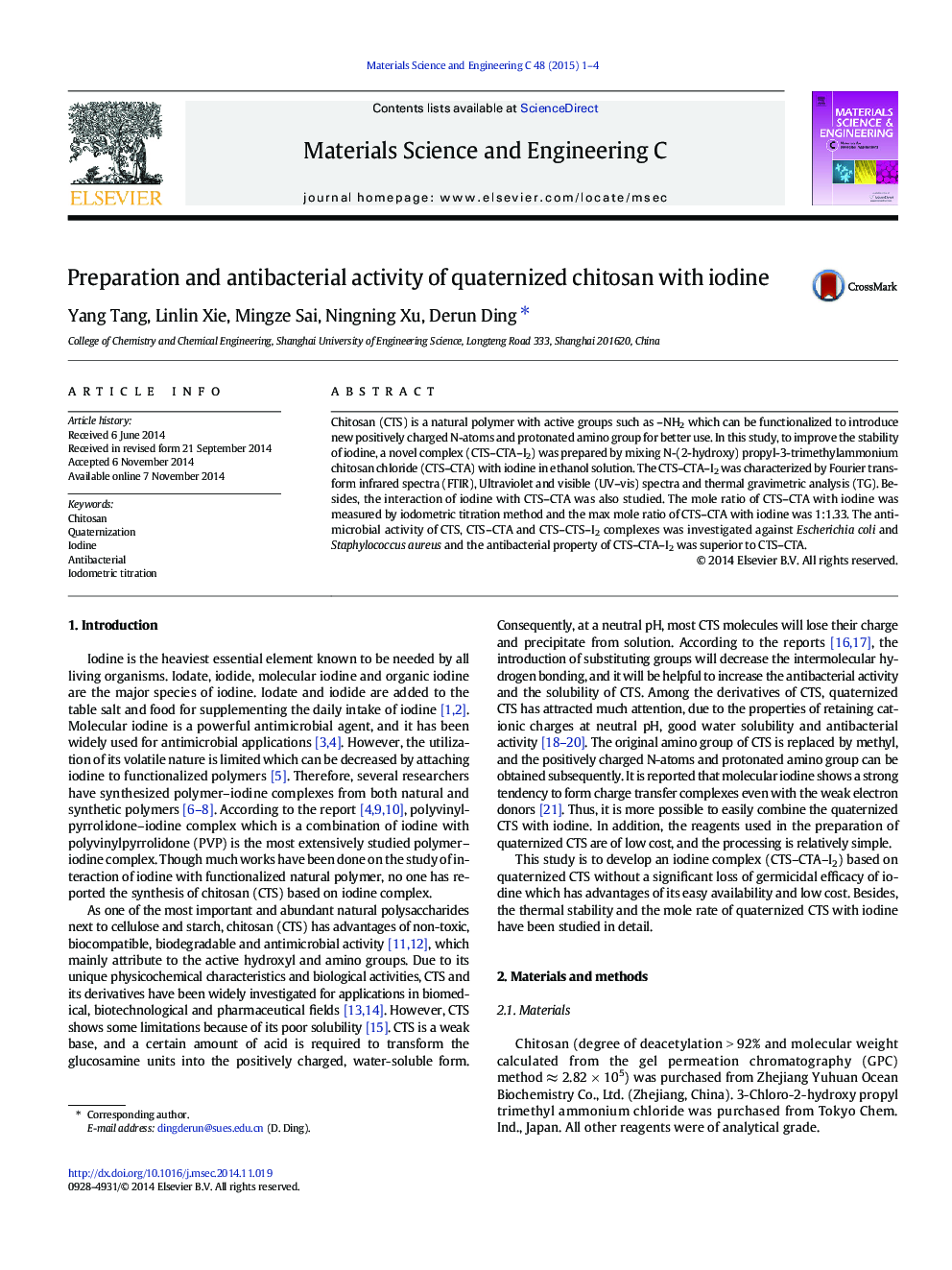 Preparation and antibacterial activity of quaternized chitosan with iodine