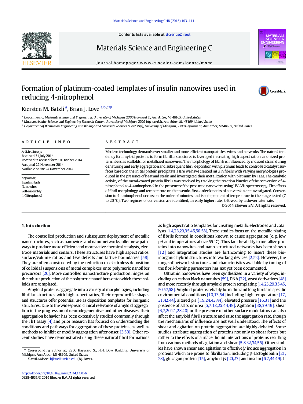 Formation of platinum-coated templates of insulin nanowires used in reducing 4-nitrophenol