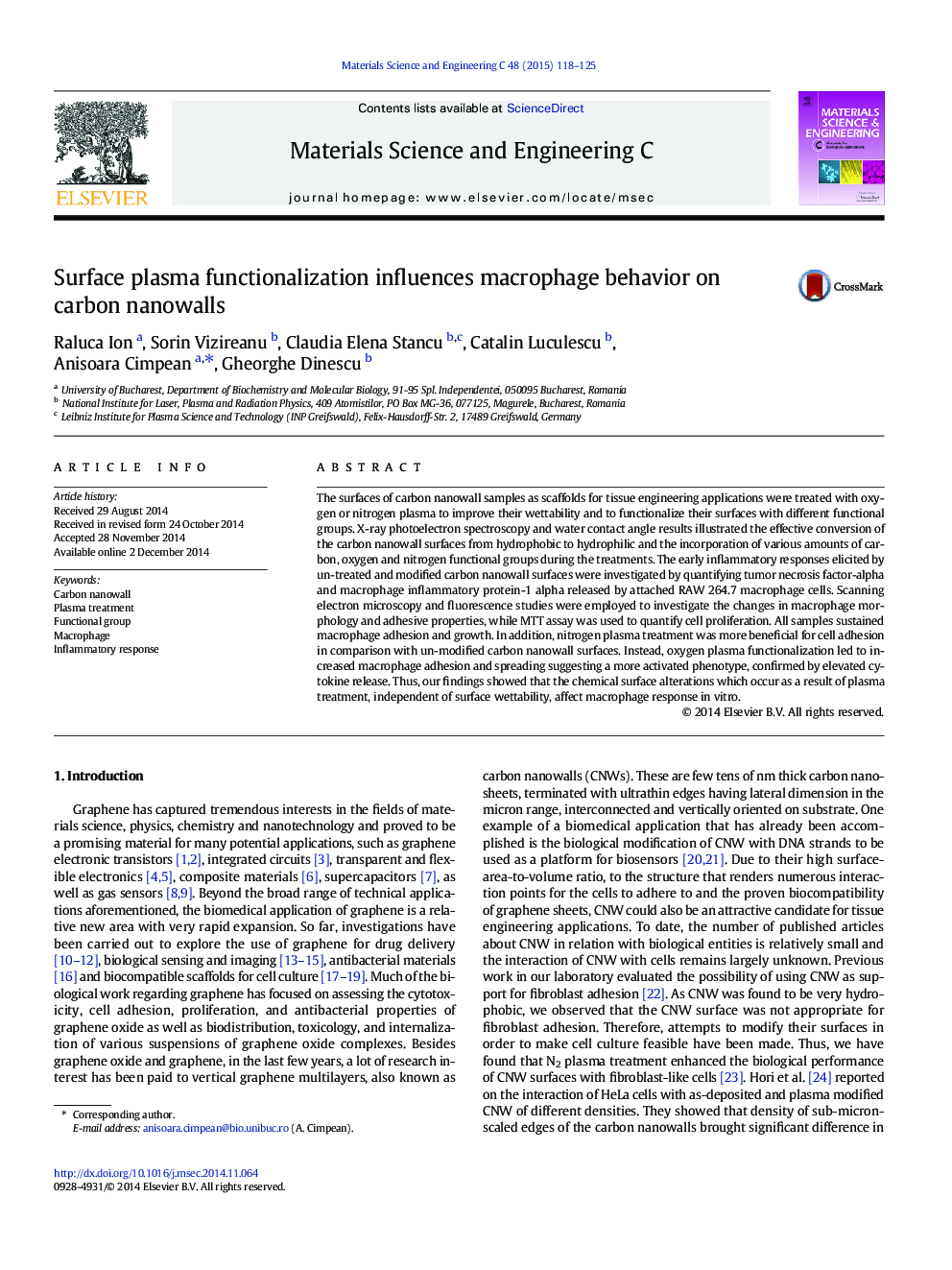 Surface plasma functionalization influences macrophage behavior on carbon nanowalls