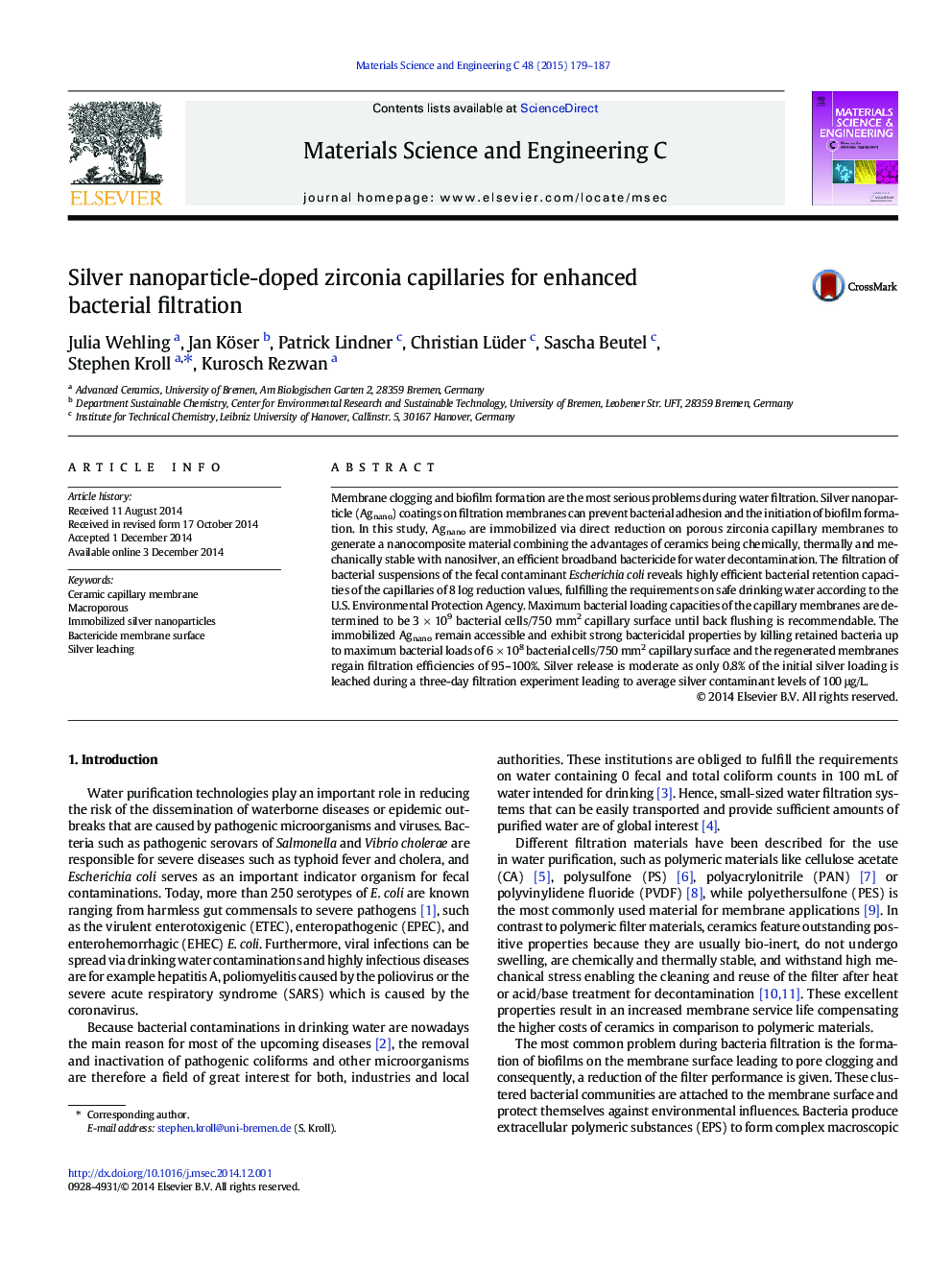 Silver nanoparticle-doped zirconia capillaries for enhanced bacterial filtration