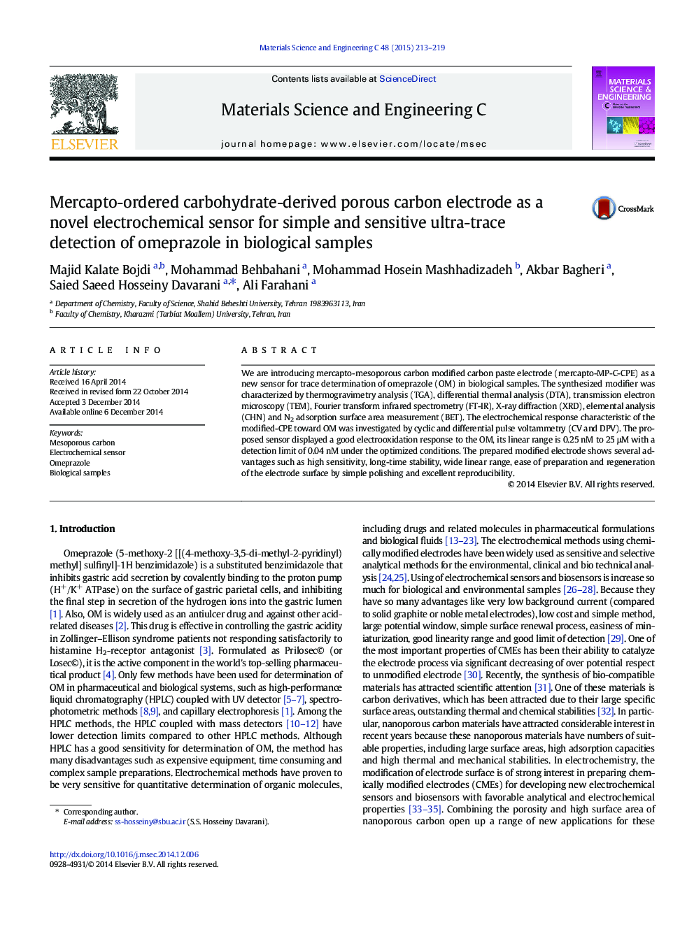 Mercapto-ordered carbohydrate-derived porous carbon electrode as a novel electrochemical sensor for simple and sensitive ultra-trace detection of omeprazole in biological samples