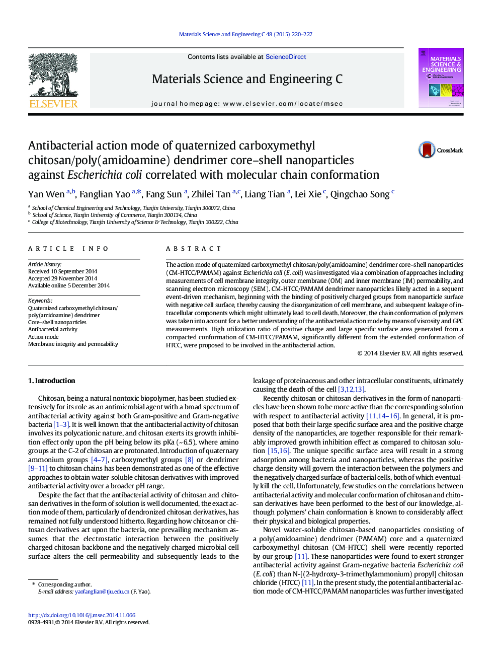 Antibacterial action mode of quaternized carboxymethyl chitosan/poly(amidoamine) dendrimer core–shell nanoparticles against Escherichia coli correlated with molecular chain conformation