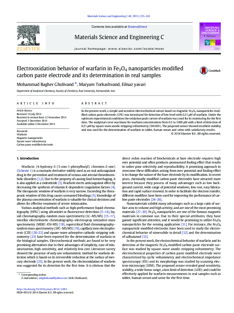 Electrooxidation behavior of warfarin in Fe3O4 nanoparticles modified carbon paste electrode and its determination in real samples