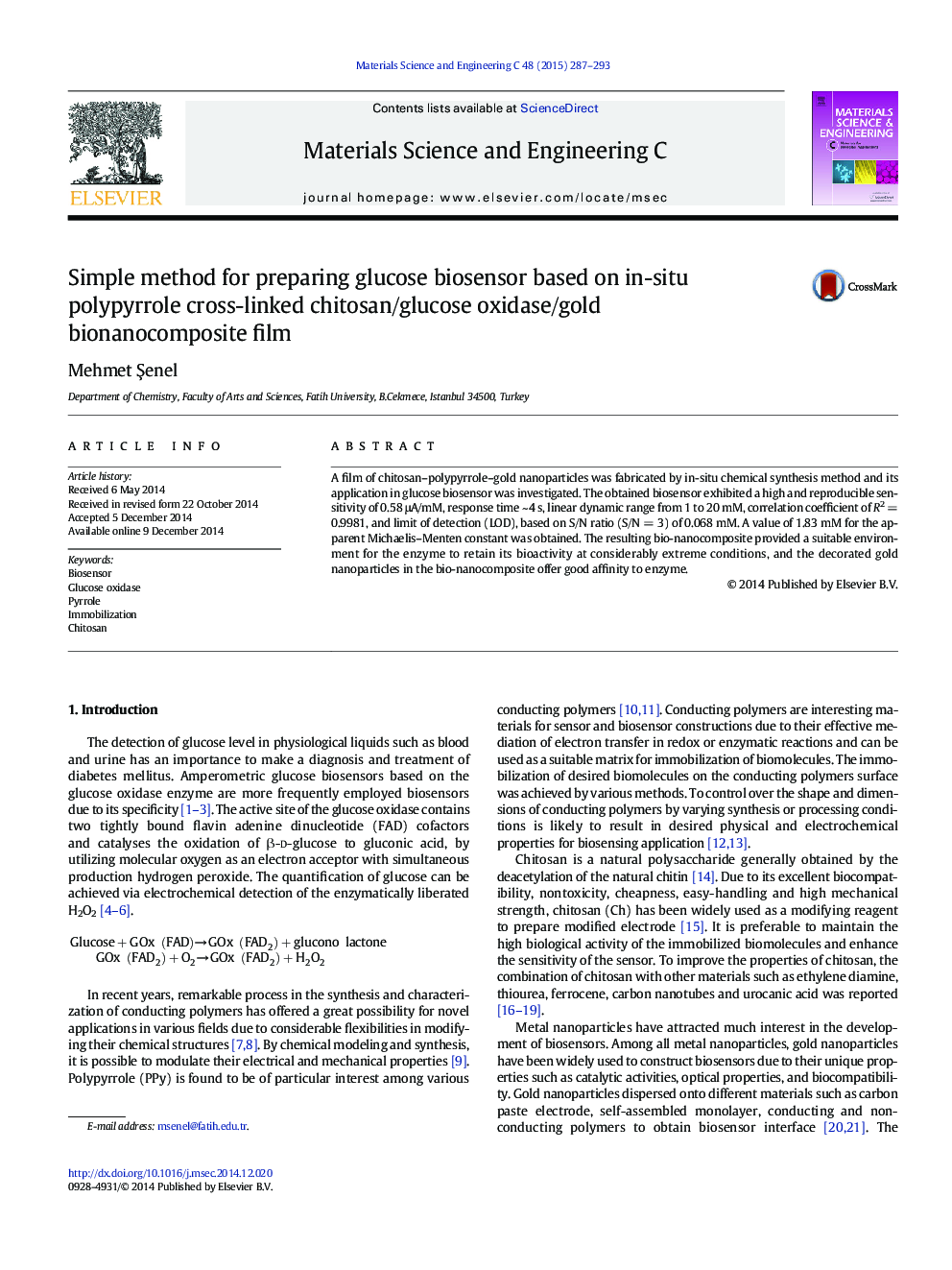 Simple method for preparing glucose biosensor based on in-situ polypyrrole cross-linked chitosan/glucose oxidase/gold bionanocomposite film