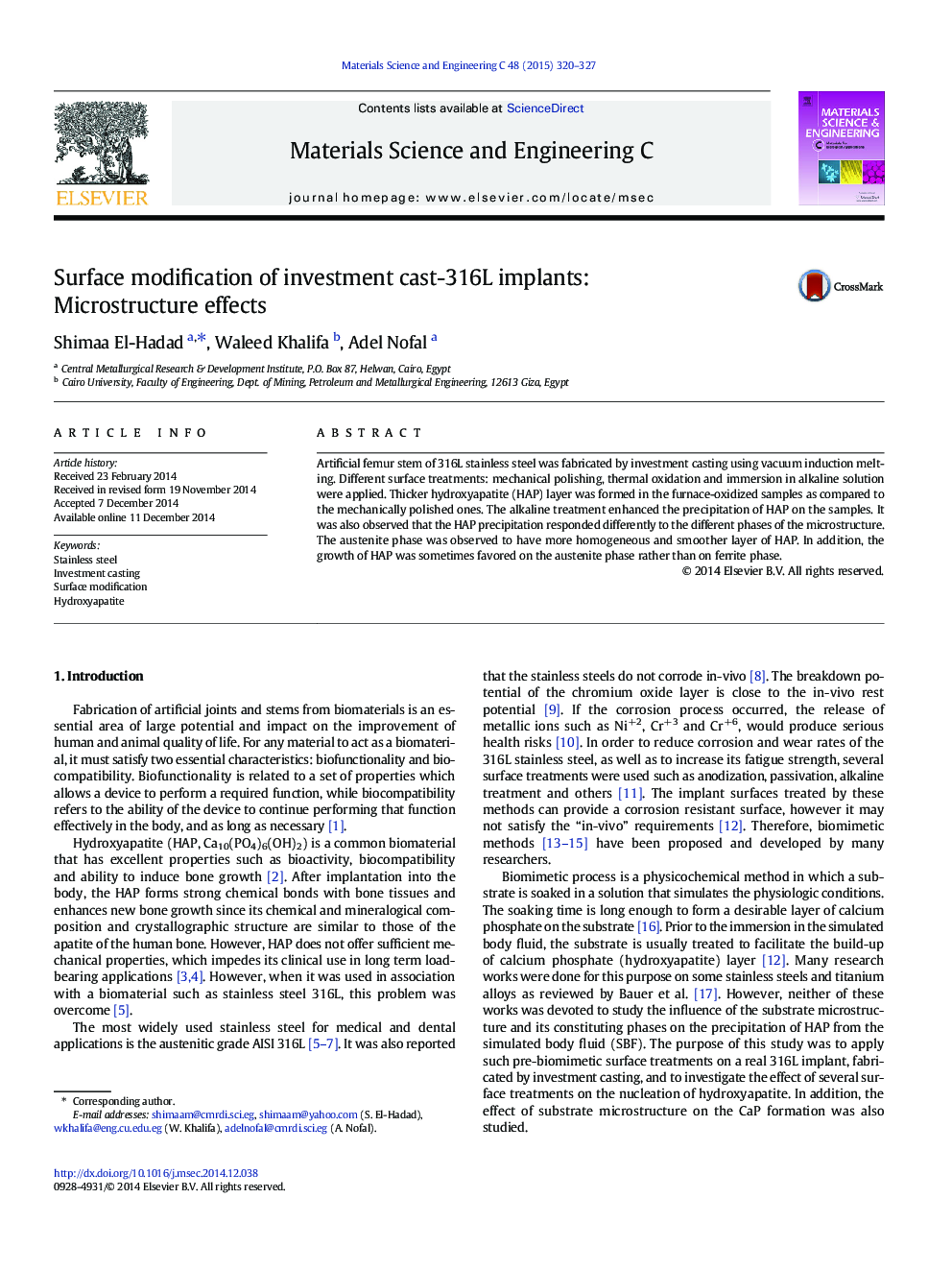 عکس صفحه اول مقاله: Surface modification of investment cast-316L implants: Microstructure effects Surface modification of investment cast-316L implants: Microstructure effects