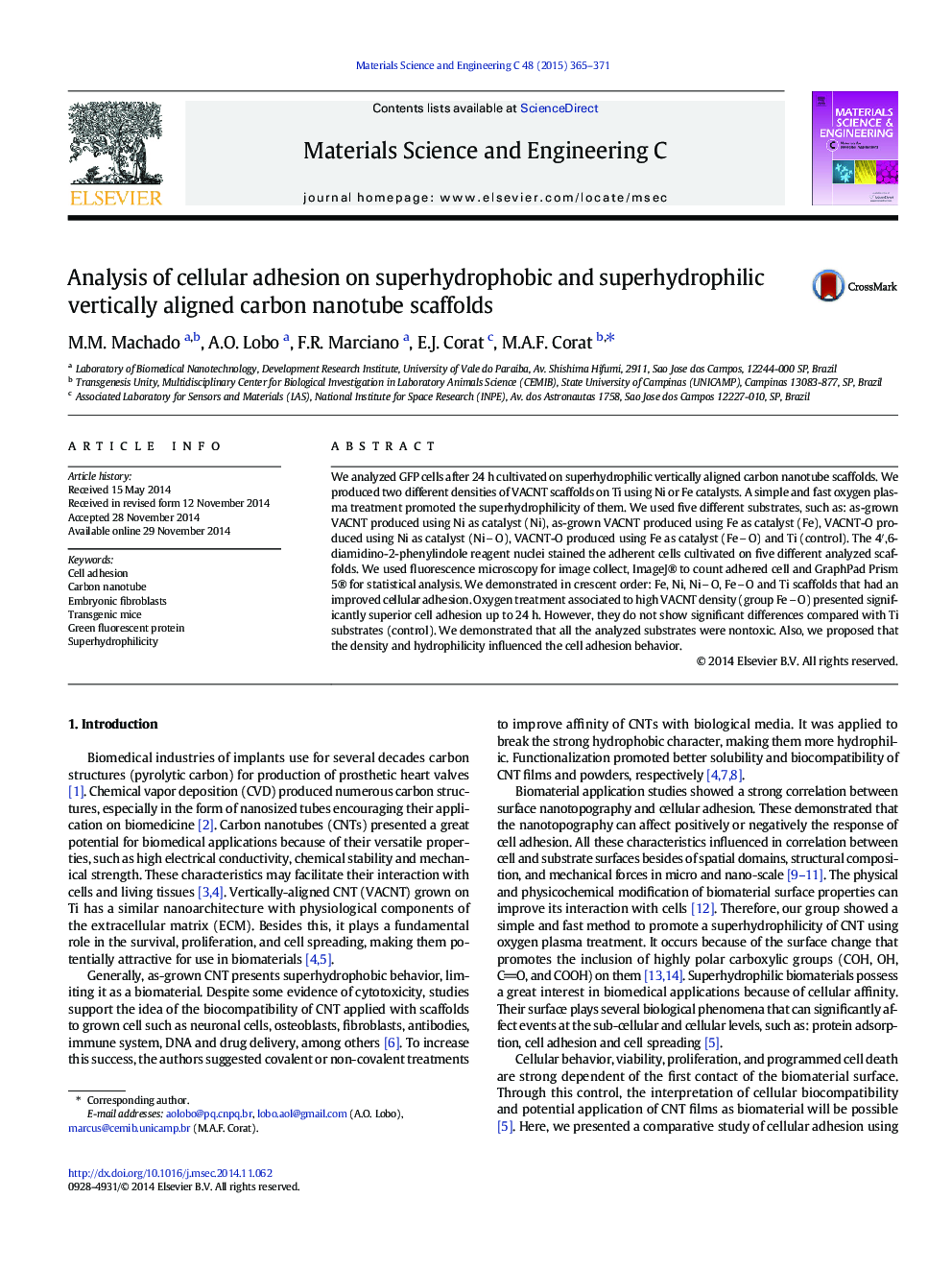 Analysis of cellular adhesion on superhydrophobic and superhydrophilic vertically aligned carbon nanotube scaffolds