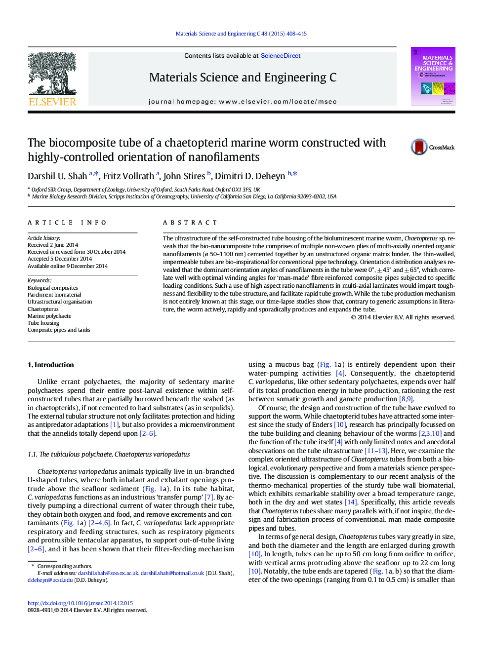 The biocomposite tube of a chaetopterid marine worm constructed with highly-controlled orientation of nanofilaments