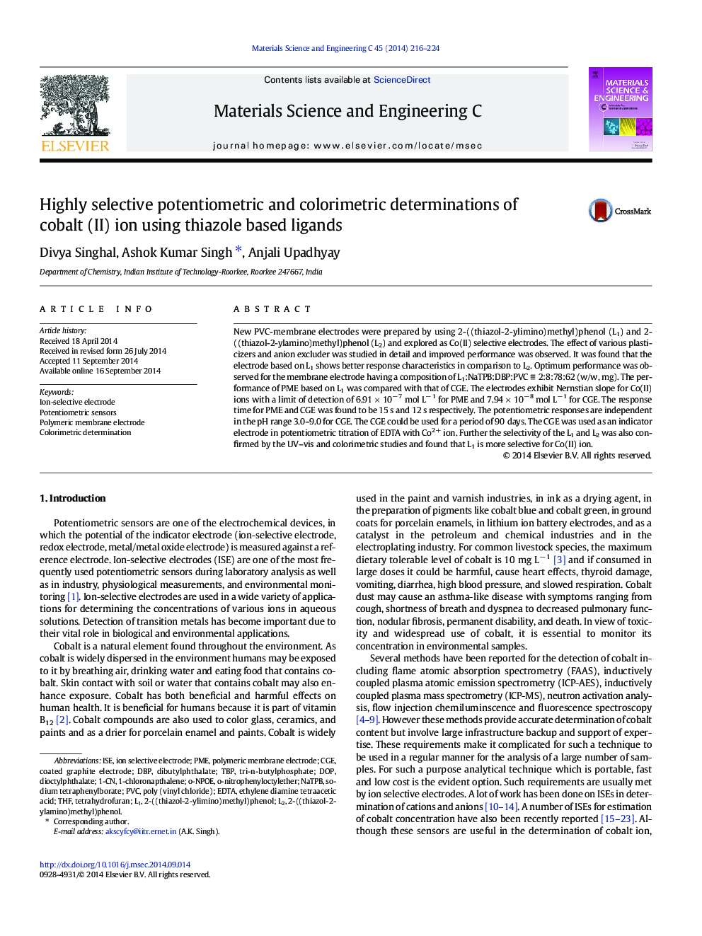 عکس صفحه اول مقاله: Highly selective potentiometric and colorimetric determinations of cobalt (II) ion using thiazole based ligands Highly selective potentiometric and colorimetric determinations of cobalt (II) ion using thiazole based ligands