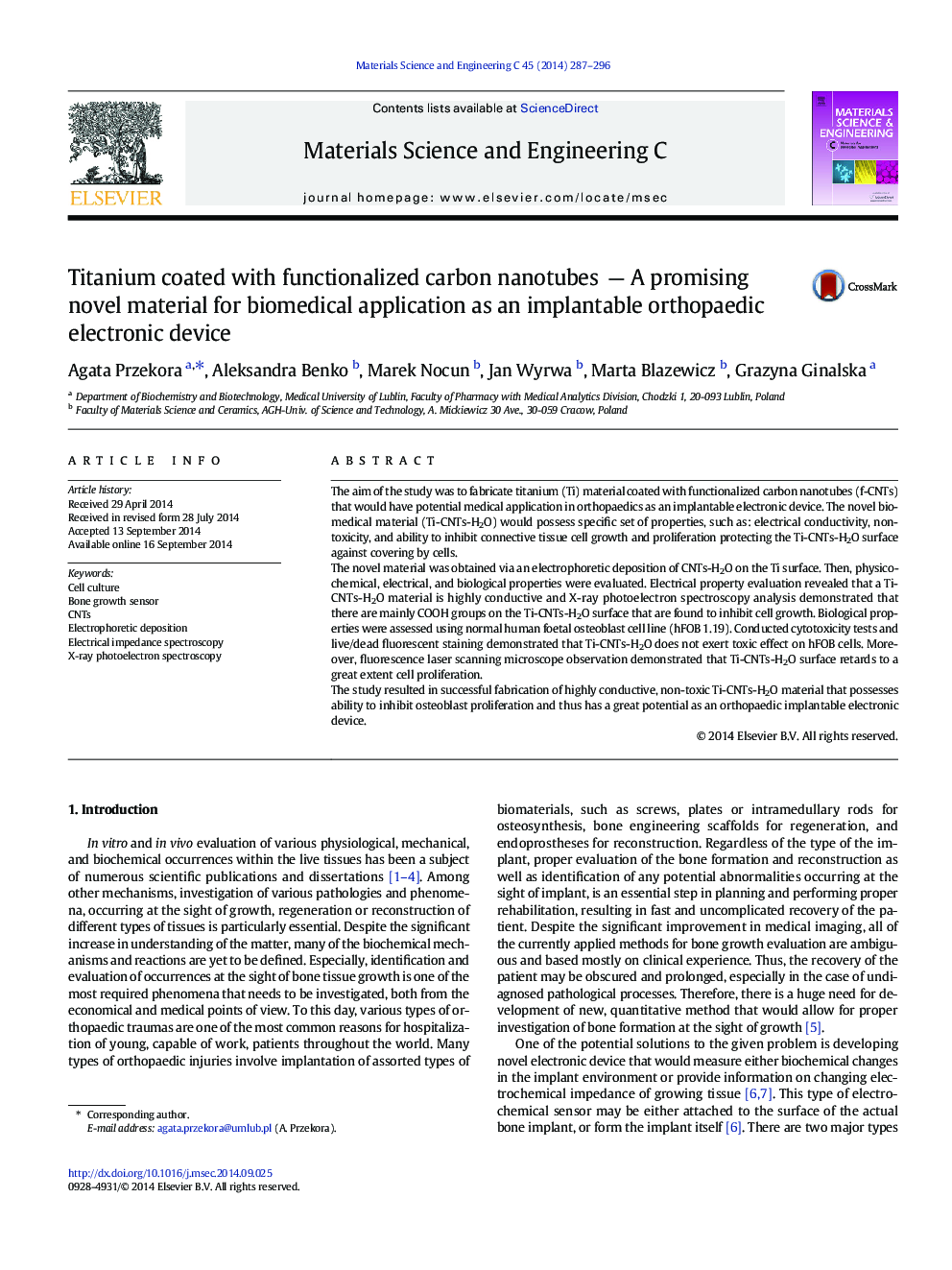 Titanium coated with functionalized carbon nanotubes  — A promising novel material for biomedical application as an implantable orthopaedic electronic device